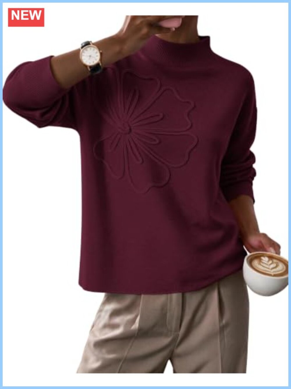 Women's Floral Knit Mock Neck Pullover Sweater Cozy Fall Winter